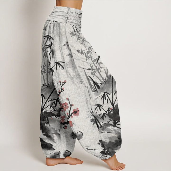 Pantalones bombachos de cintura elástica para mujer con estampado de Buddha Stones, flores de ciruelo, bambú, orquídeas y crisantemos. - image 2