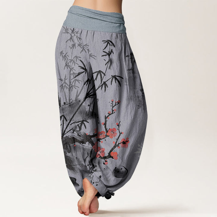 Pantalones bombachos de cintura elástica para mujer con estampado de Buddha Stones, flores de ciruelo, bambú, orquídeas y crisantemos. - image 8