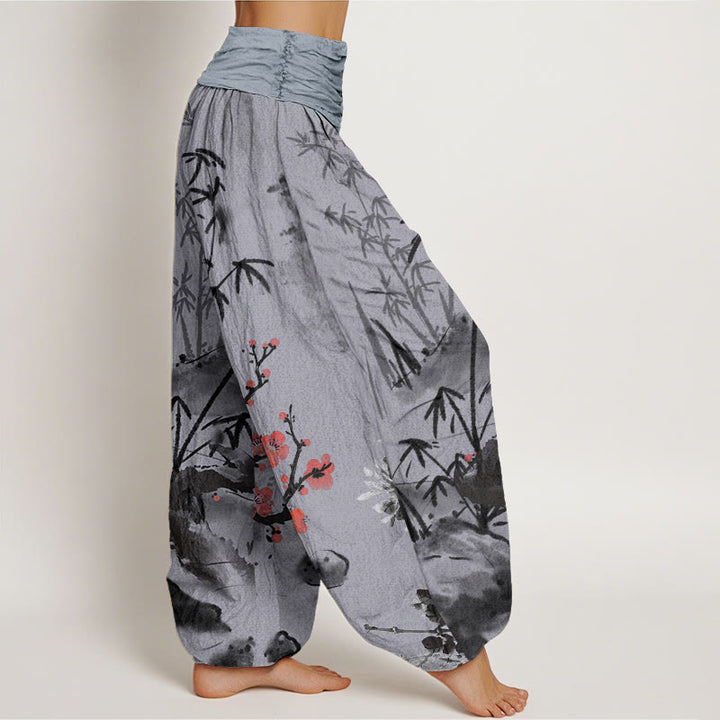 Pantalones bombachos de cintura elástica para mujer con estampado de Buddha Stones, flores de ciruelo, bambú, orquídeas y crisantemos. - image 9