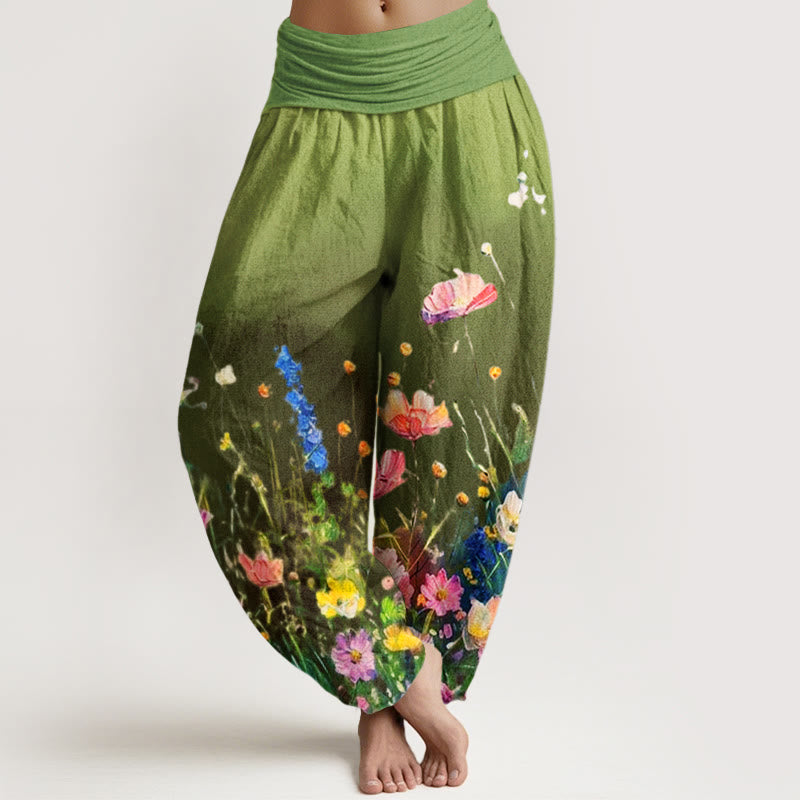 Pantalones bombachos de mujer con cintura elástica, estilo acuarela, estampado floral informal con Buddha Stones, de algodón. - Verde oliva - US22，UK/AU26，EU54 (6XL) - image 4