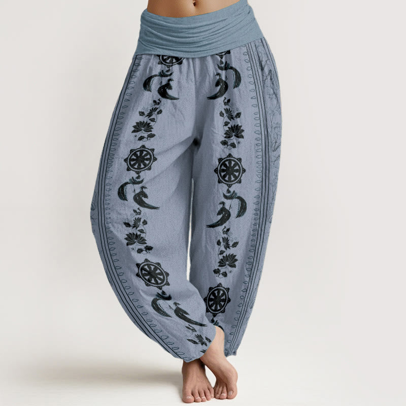 Pantalones Buddha Stones de algodón puro con diseño de rueda del Dharma y loto OM para mujer, con cintura elástica - Azul acero claro - US22，UK/AU26，EU54 (6XL) - image 0