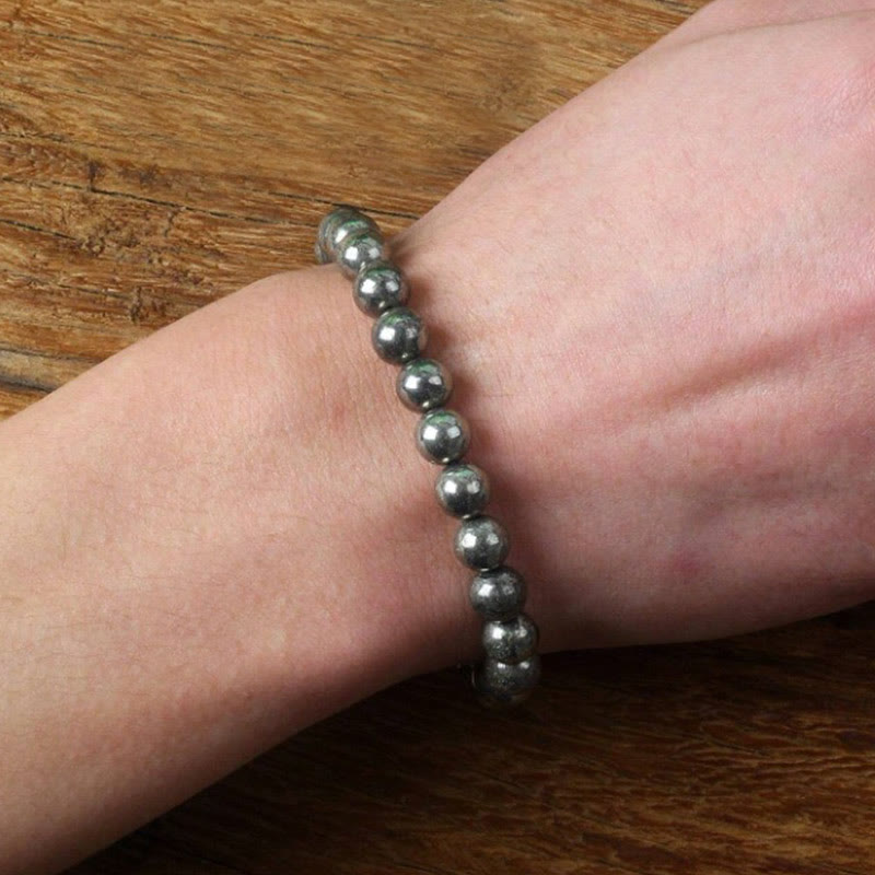 Pulsera de cuentas redondas de pirita y Buddha Stones que promueve la confianza y la abundancia - image 2