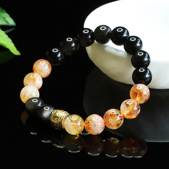 Pulsera protectora de obsidiana y citrino con Buddha Stones Om Mani Padme Hum y brillo plateado - image 1