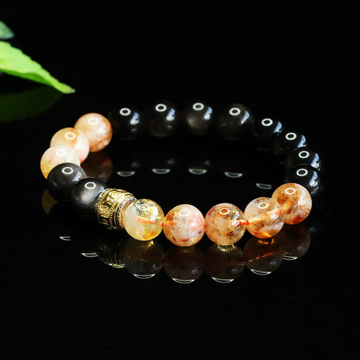Pulsera protectora de obsidiana y citrino con Buddha Stones Om Mani Padme Hum y brillo plateado - image 3