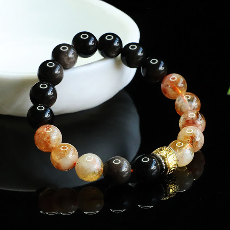 Pulsera protectora de obsidiana y citrino con Buddha Stones Om Mani Padme Hum y brillo plateado - Citrino obsidiana con brillo plateado (circunferencia de la muñeca: 15-16 cm) - image 0