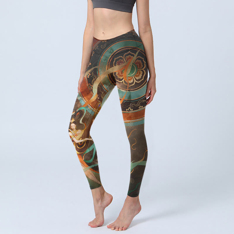 Leggings de yoga para mujer con estampado de círculos de flores y cinta de laúd de hadas de colores y Buddha Stones - SaddleBrown - US18，UK/AU22，EU50 (4XL) - image 0