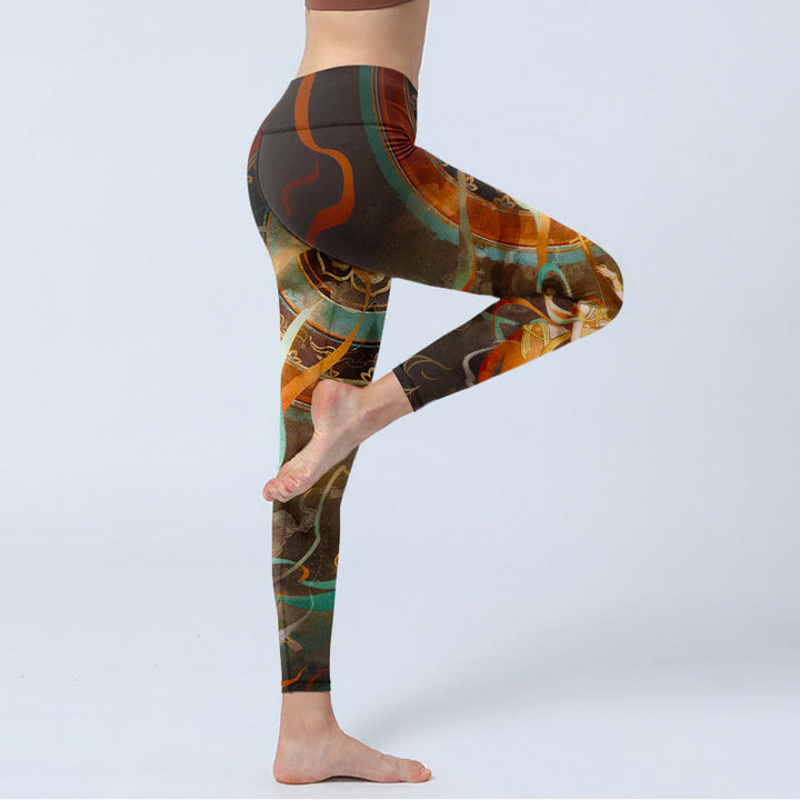 Leggings de yoga para mujer con estampado de círculos de flores y cinta de laúd de hadas de colores y Buddha Stones - image 3