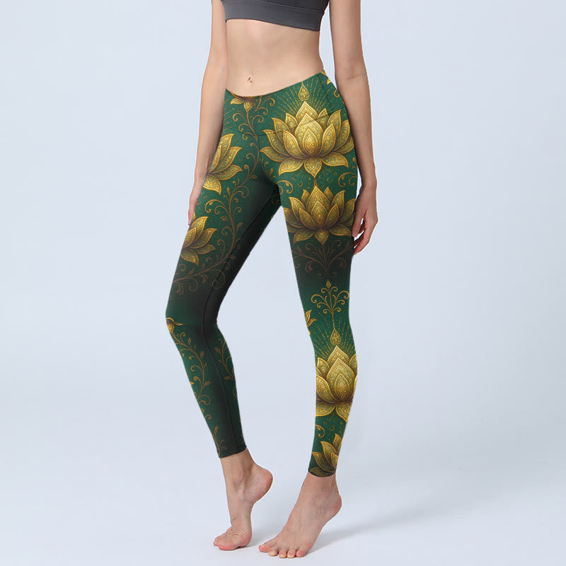 Leggings de yoga para mujer con estampado de loto dorado y Buddha Stones - Verde oscuro - US18，UK/AU22，EU50 (4XL) - image 0