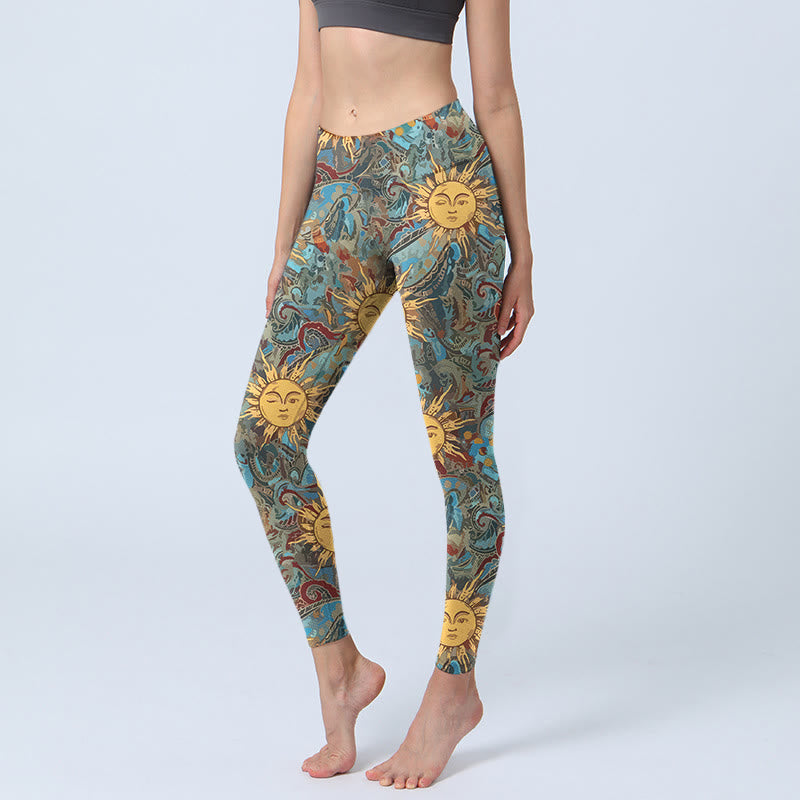 Leggings de yoga para mujer con estampado de Buddha Stones y sol dorado personificado - Cian oscuro - US18，UK/AU22，EU50 (4XL) - image 0