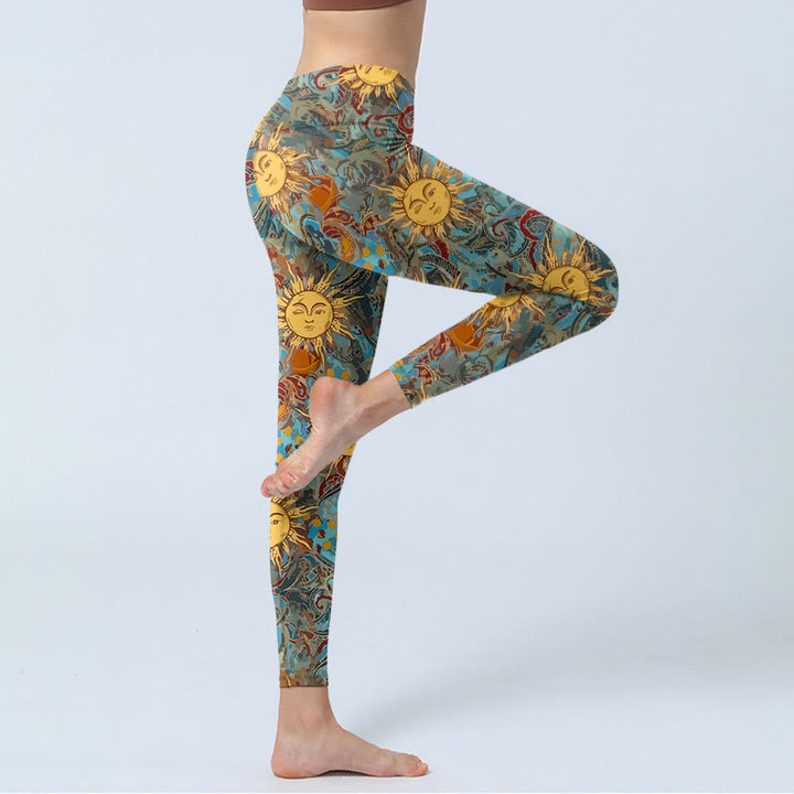 Leggings de yoga para mujer con estampado de Buddha Stones y sol dorado personificado - image 3
