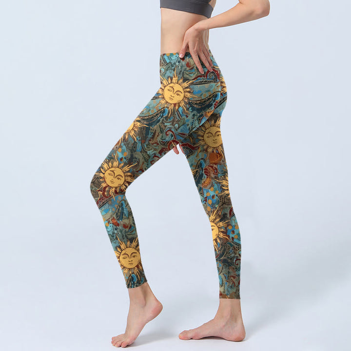 Leggings de yoga para mujer con estampado de Buddha Stones y sol dorado personificado - image 2