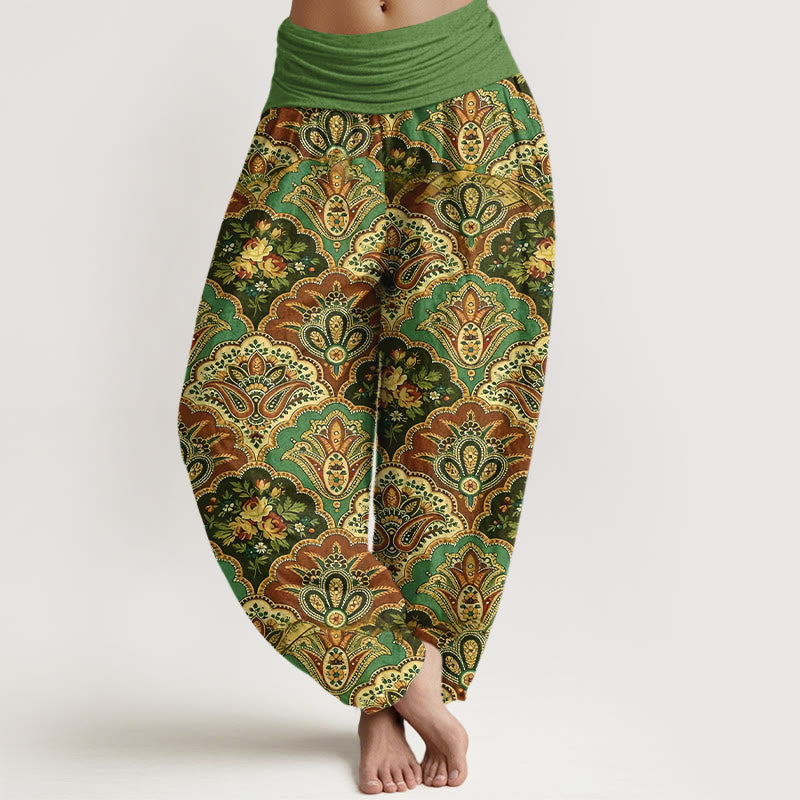 Pantalones harén de algodón con diseño repetitivo de Buddha Stones y flores y hojas para mujer, con cintura elástica - Verde - US16，UK/AU20，EU48 (3XL) - image 0