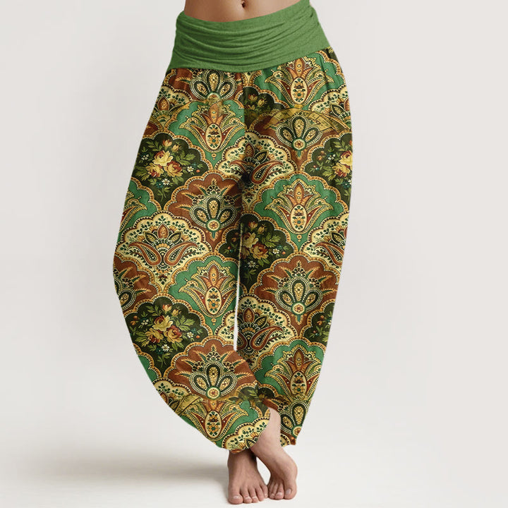 Pantalones harén de algodón con diseño repetitivo de Buddha Stones y flores y hojas para mujer, con cintura elástica - Verde - US16，UK/AU20，EU48 (3XL) - image 0