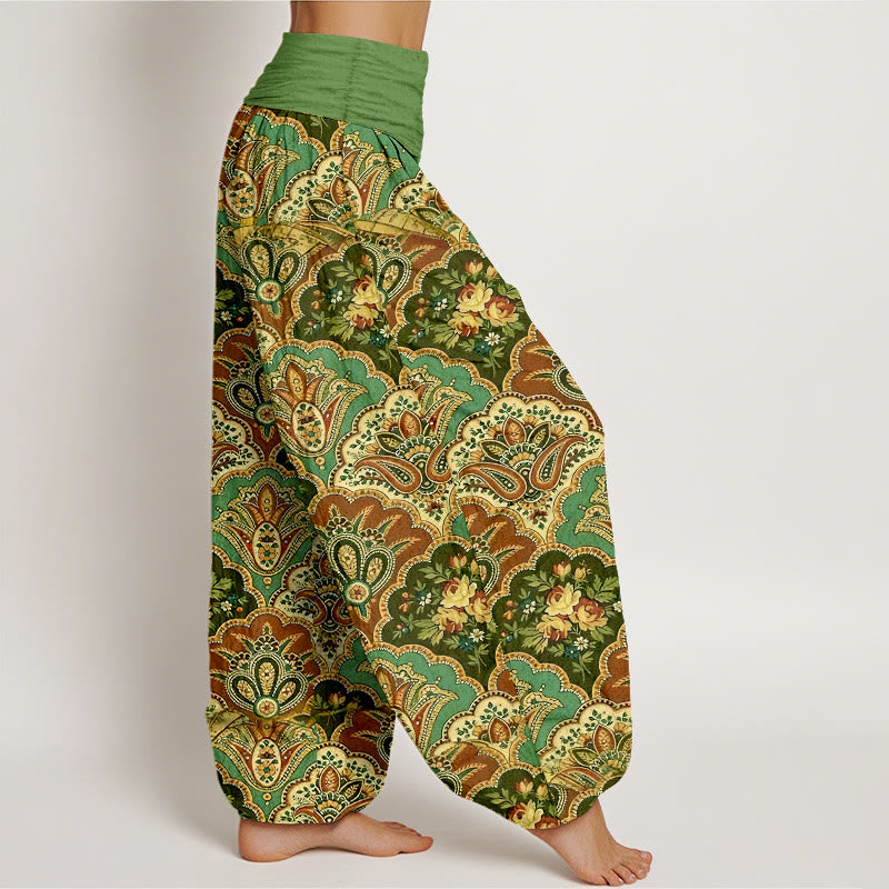 Pantalones harén de algodón con diseño repetitivo de Buddha Stones y flores y hojas para mujer, con cintura elástica - image 2