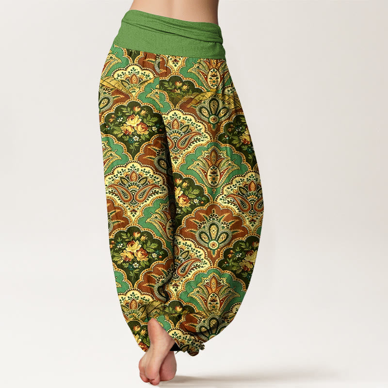 Pantalones harén de algodón con diseño repetitivo de Buddha Stones y flores y hojas para mujer, con cintura elástica - image 1