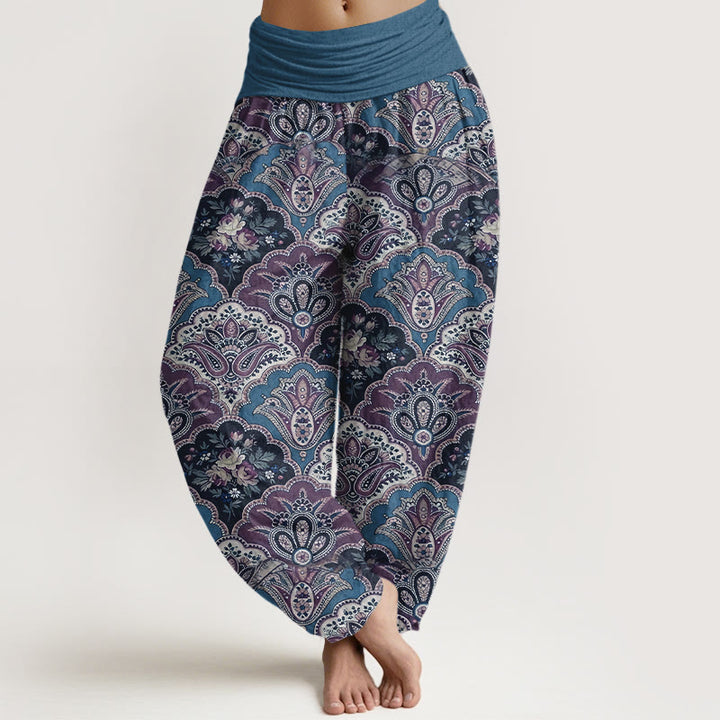 Pantalones harén de algodón con diseño repetitivo de Buddha Stones y flores y hojas para mujer, con cintura elástica - Azul acero - US16，UK/AU20，EU48 (3XL) - image 5