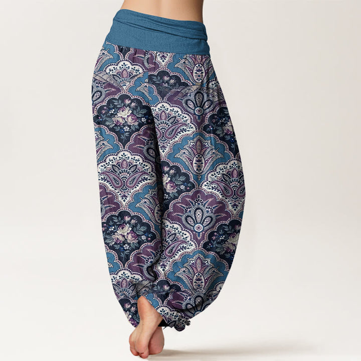 Pantalones harén de algodón con diseño repetitivo de Buddha Stones y flores y hojas para mujer, con cintura elástica - image 6