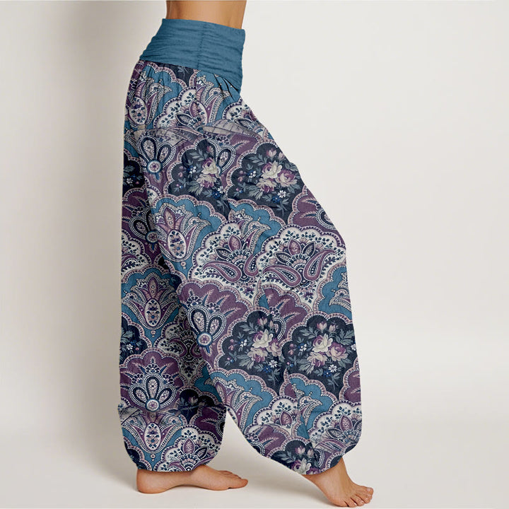 Pantalones harén de algodón con diseño repetitivo de Buddha Stones y flores y hojas para mujer, con cintura elástica - image 7
