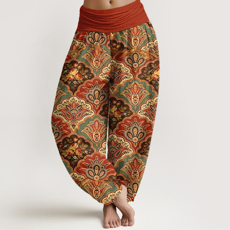 Pantalones harén de algodón con diseño repetitivo de Buddha Stones y flores y hojas para mujer, con cintura elástica - Ladrillo refractario - US16，UK/AU20，EU48 (3XL) - image 8