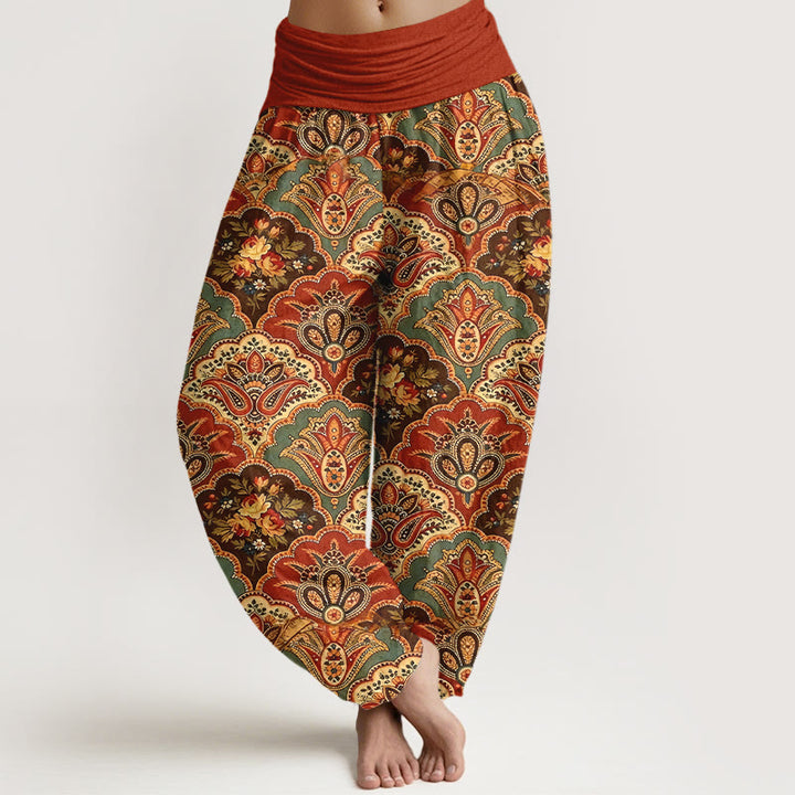 Pantalones harén de algodón con diseño repetitivo de Buddha Stones y flores y hojas para mujer, con cintura elástica - Ladrillo refractario - US16，UK/AU20，EU48 (3XL) - image 8