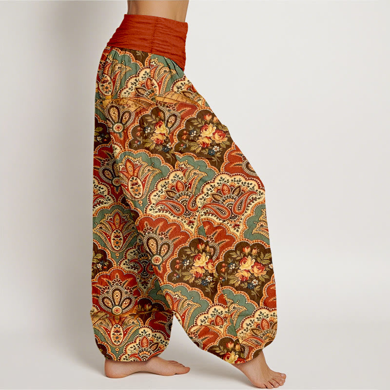 Pantalones harén de algodón con diseño repetitivo de Buddha Stones y flores y hojas para mujer, con cintura elástica - image 10