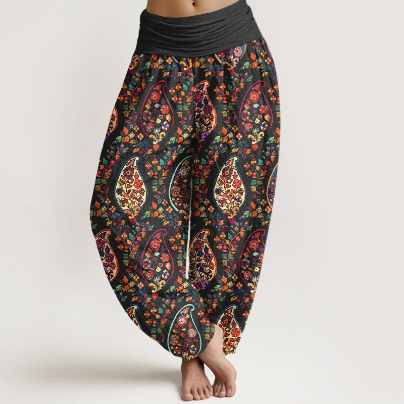Pantalones Buddha Stones con estampado de hojas y flores retro de colores brillantes para mujer, con cintura elástica - Negro - US16，UK/AU20，EU48 (3XL) - image 0