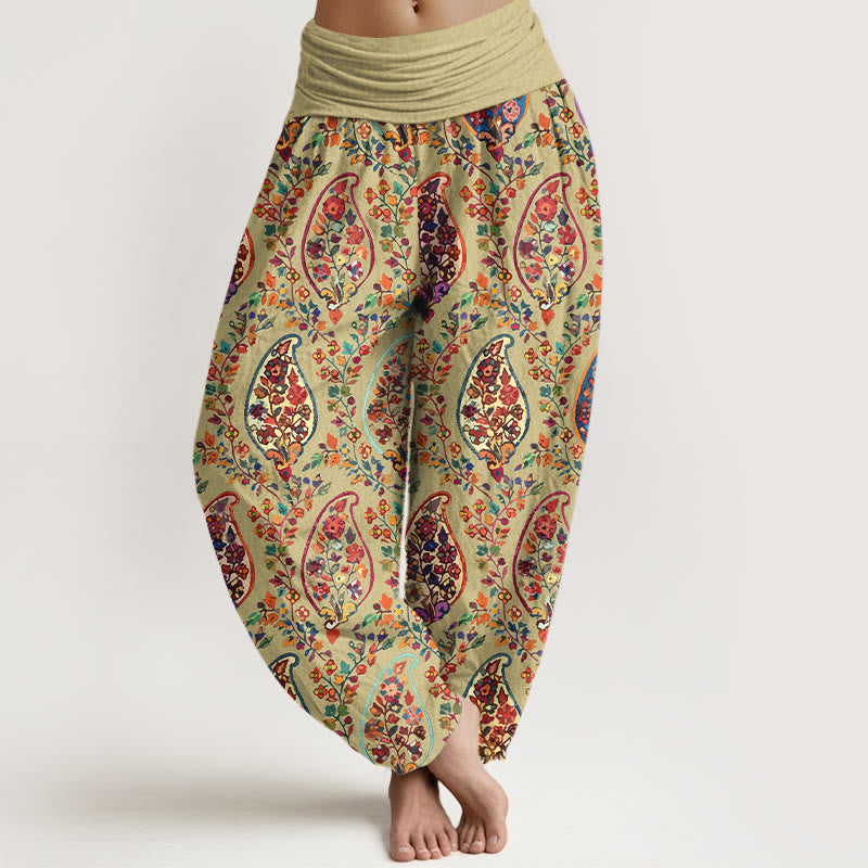 Pantalones Buddha Stones con estampado de hojas y flores retro de colores brillantes para mujer, con cintura elástica - AmarilloVerde - US16，UK/AU20，EU48 (3XL) - image 5