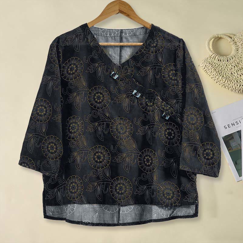 Camisa de manga larga para mujer con estampado floral y cuello en V de Buddha Stones Spring - Negro - US8-10，UK/AU12-14，EU40-42 (2XL) - image 11