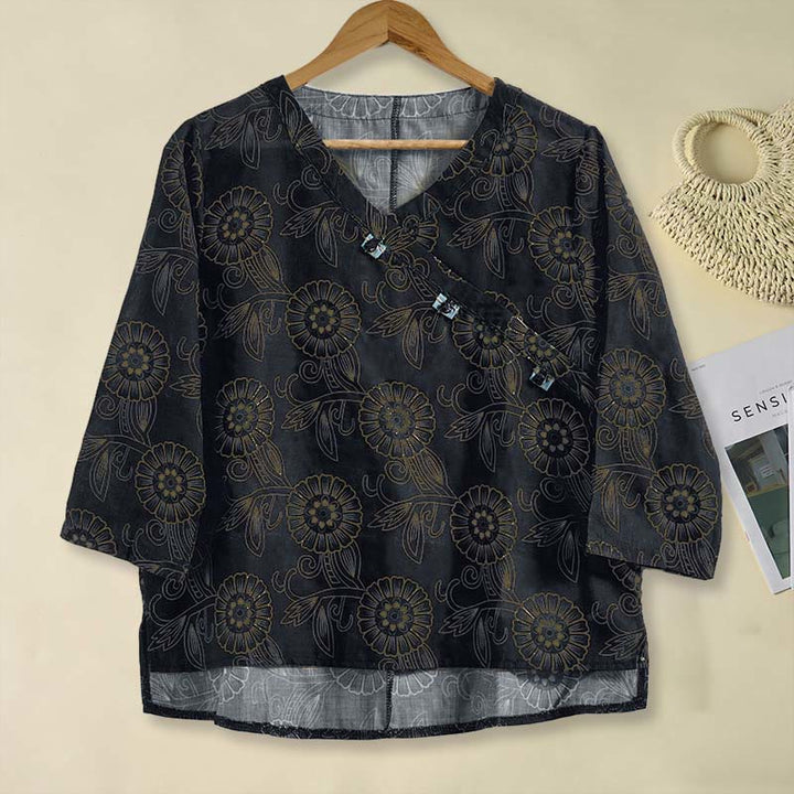 Camisa de manga larga para mujer con estampado floral y cuello en V de Buddha Stones Spring - Negro - US8-10，UK/AU12-14，EU40-42 (2XL) - image 11