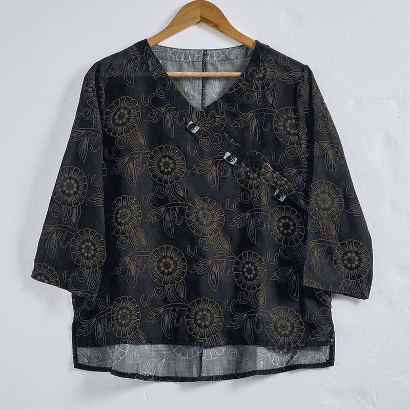 Camisa de manga larga para mujer con estampado floral y cuello en V de Buddha Stones Spring - image 12