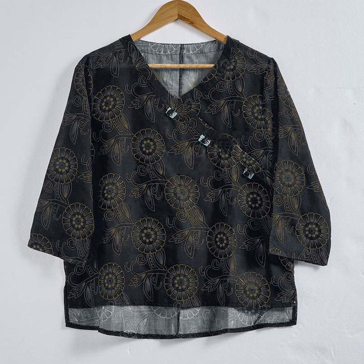 Camisa de manga larga para mujer con estampado floral y cuello en V de Buddha Stones Spring - image 12