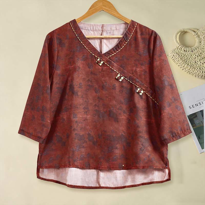 Camisa de manga larga para mujer con estampado floral y cuello en V de Buddha Stones Spring - Ladrillo refractario - US8-10，UK/AU12-14，EU40-42 (2XL) - image 14