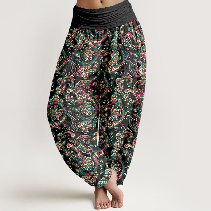 Pantalones Buddha Stones de algodón con diseño retro de flores y hojas de enredadera para mujer, con cintura elástica - Negro - US16，UK/AU20，EU48 (3XL) - image 0
