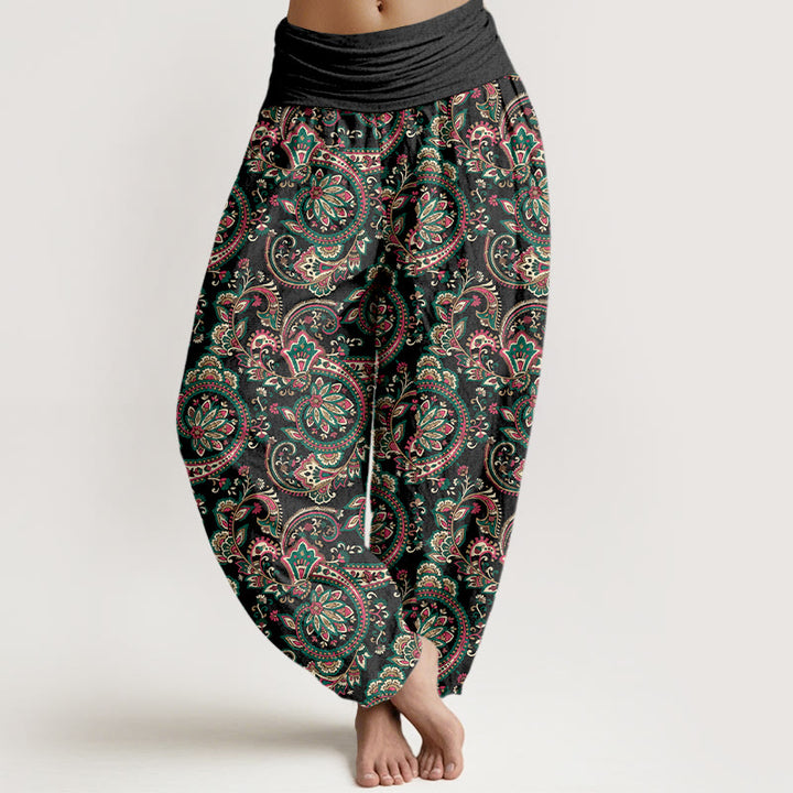 Pantalones Buddha Stones de algodón con diseño retro de flores y hojas de enredadera para mujer, con cintura elástica - Negro - US16，UK/AU20，EU48 (3XL) - image 0
