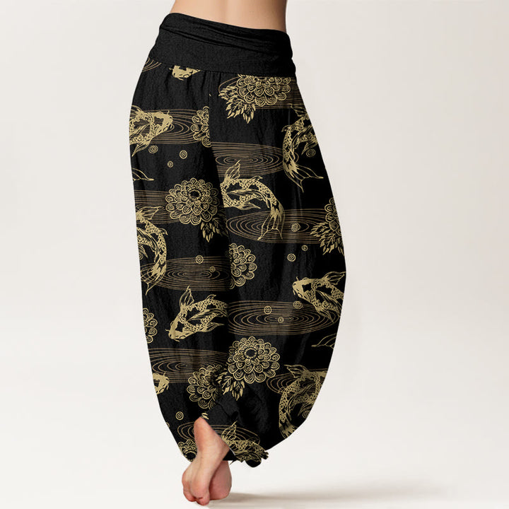 Pantalones harén de algodón con diseño de flores y hojas de pez koi, Buddha Stones, cintura elástica, para mujer - image 1