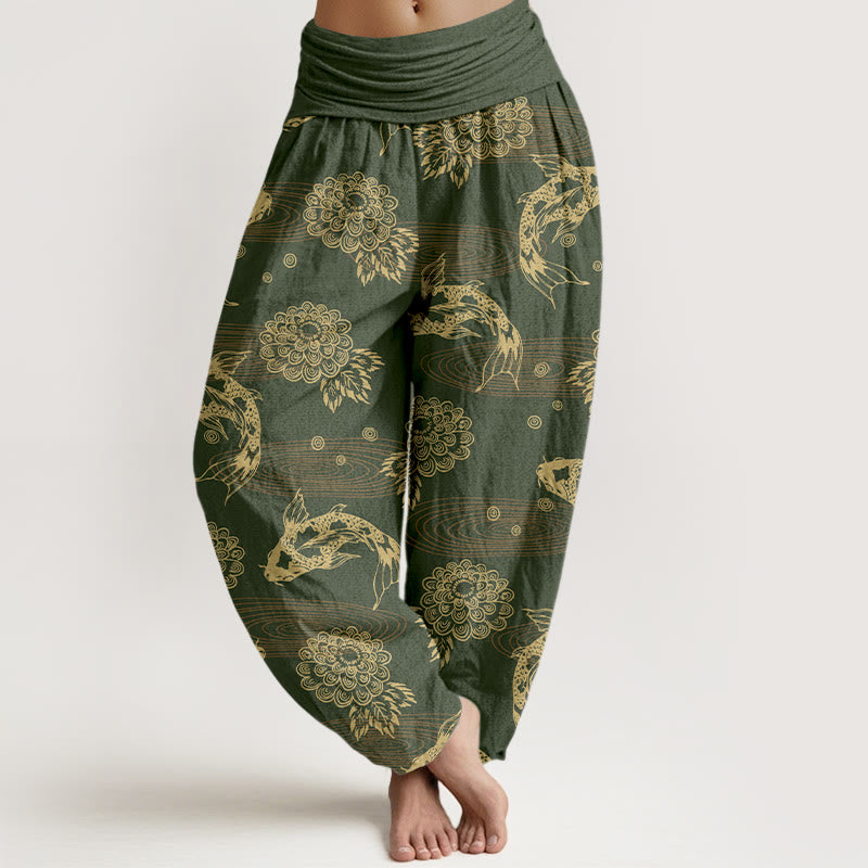 Pantalones harén de algodón con diseño de flores y hojas de pez koi, Buddha Stones, cintura elástica, para mujer - Verde oliva - US16，UK/AU20，EU48 (3XL) - image 5