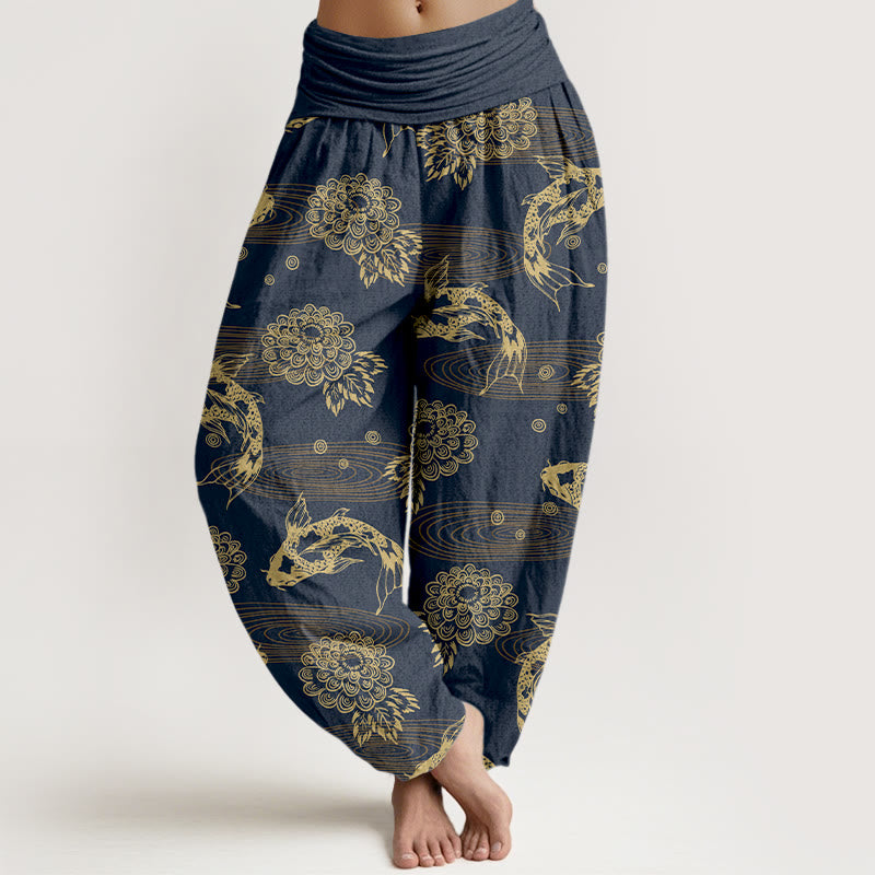 Pantalones harén de algodón con diseño de flores y hojas de pez koi, Buddha Stones, cintura elástica, para mujer - Azul pizarra oscuro - US16，UK/AU20，EU48 (3XL) - image 8