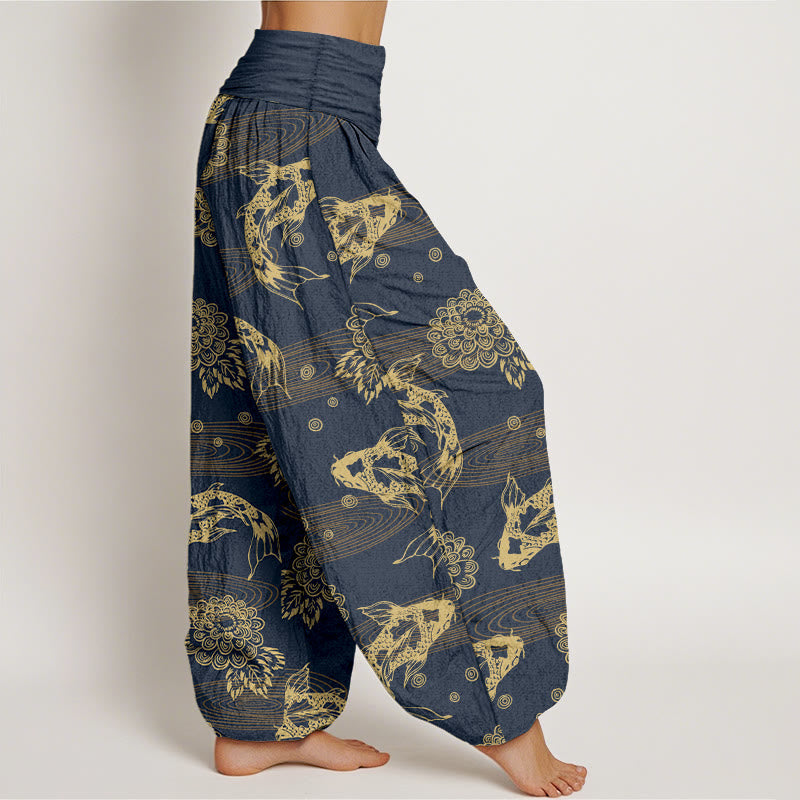 Pantalones harén de algodón con diseño de flores y hojas de pez koi, Buddha Stones, cintura elástica, para mujer - image 10