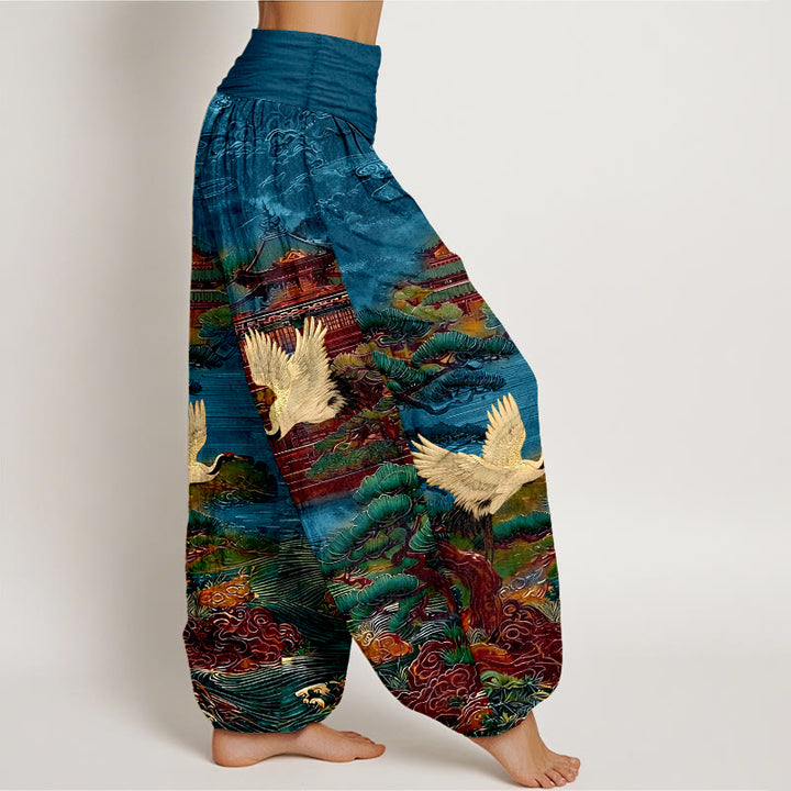 Pantalones Buddha Stones de cintura elástica para mujer con diseño de grullas exquisitas de algodón y diseño de nubes de pino. - image 2