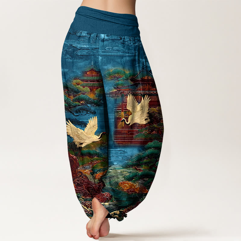 Pantalones Buddha Stones de cintura elástica para mujer con diseño de grullas exquisitas de algodón y diseño de nubes de pino. - image 1