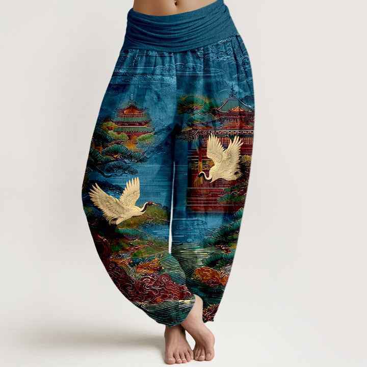 Pantalones Buddha Stones de cintura elástica para mujer con diseño de grullas exquisitas de algodón y diseño de nubes de pino. - Azul - US16，UK/AU20，EU48 (3XL) - image 0