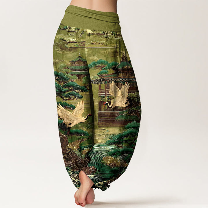 Pantalones Buddha Stones de cintura elástica para mujer con diseño de grullas exquisitas de algodón y diseño de nubes de pino. - image 6