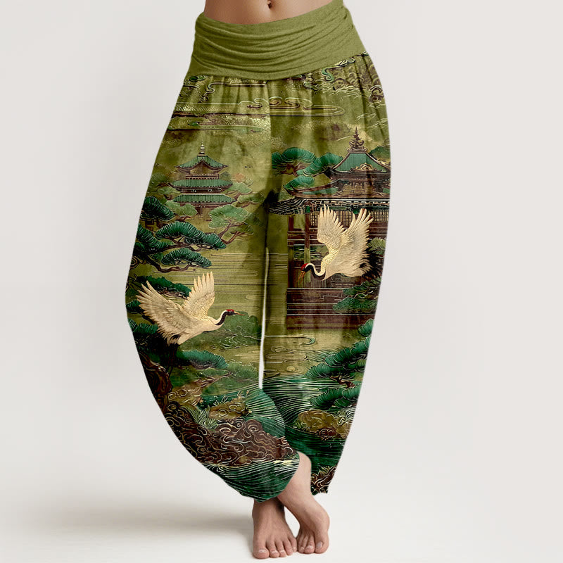 Pantalones Buddha Stones de cintura elástica para mujer con diseño de grullas exquisitas de algodón y diseño de nubes de pino. - Verde oliva - US16，UK/AU20，EU48 (3XL) - image 5