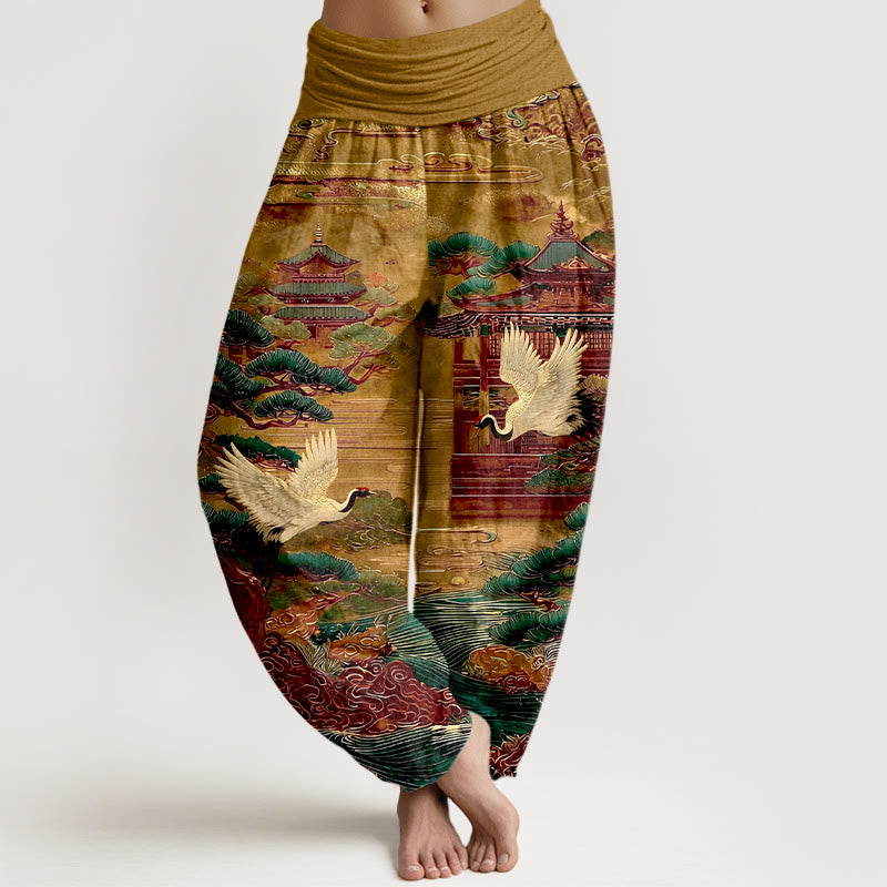 Pantalones Buddha Stones de cintura elástica para mujer con diseño de grullas exquisitas de algodón y diseño de nubes de pino. - Vara de oro oscura - US16，UK/AU20，EU48 (3XL) - image 8