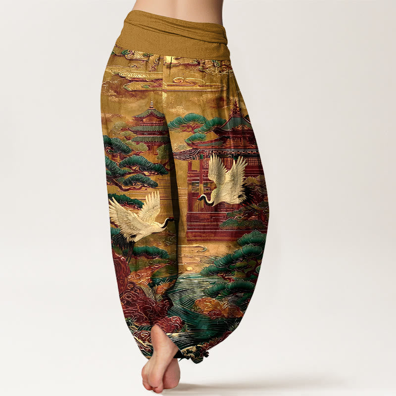 Pantalones Buddha Stones de cintura elástica para mujer con diseño de grullas exquisitas de algodón y diseño de nubes de pino. - image 9