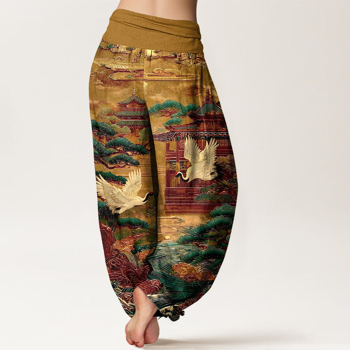 Pantalones Buddha Stones de cintura elástica para mujer con diseño de grullas exquisitas de algodón y diseño de nubes de pino. - image 9