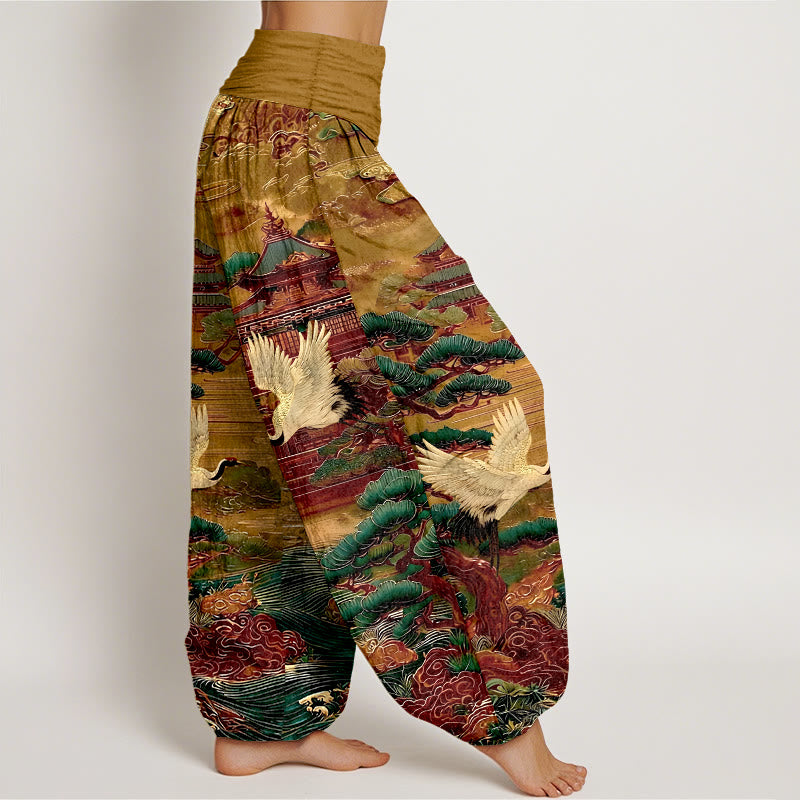 Pantalones Buddha Stones de cintura elástica para mujer con diseño de grullas exquisitas de algodón y diseño de nubes de pino. - image 10