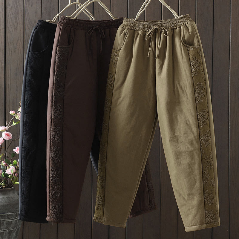 Pantalones gruesos de algodón y poliéster con bordado de flores y Buddha Stones para mujer con bolsillos - image 0