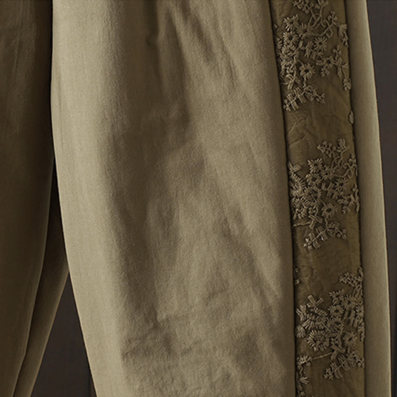 Pantalones gruesos de algodón y poliéster con bordado de flores y Buddha Stones para mujer con bolsillos - image 12