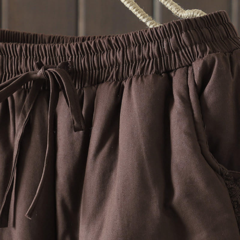 Pantalones gruesos de algodón y poliéster con bordado de flores y Buddha Stones para mujer con bolsillos - image 3